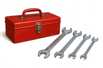 Red toolbox with various sized spanner wrenches, essential tools for repair, maintenance, and diy projects, transparent background