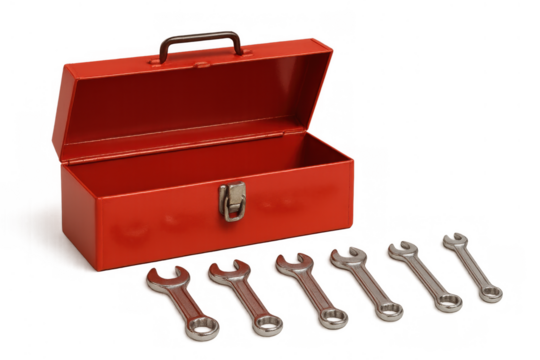 Empty red metal toolbox with wrenches and spanners. Tools for home repair, diy, and mechanic work concept