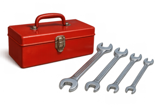 Red toolbox with various sized spanner wrenches, essential tools for repair, maintenance, and diy projects, transparent background