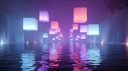 AI algorithm visualized as floating glowing lights above server racks symbolizing data processing digital intelligence cloud computing and futuristic technology in abstract visualization