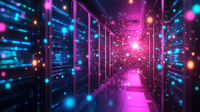 AI algorithm visualized as floating glowing lights above server racks symbolizing data processing digital intelligence cloud computing and futuristic technology in abstract visualization