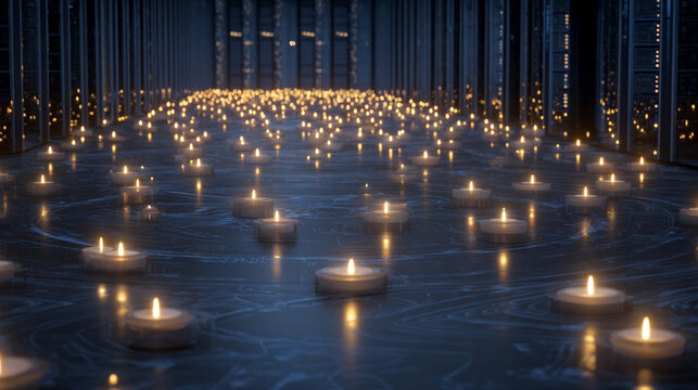AI algorithm visualized as floating glowing lights above server racks symbolizing data processing digital intelligence cloud computing and futuristic technology in abstract visualization