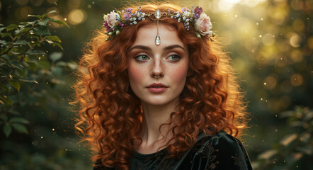 Ethereal fantasy portrait of a woman with curly red hair and a floral crown. Magical redhead nymph in an enchanted forest with golden sunlight. Celtic goddess aesthetic