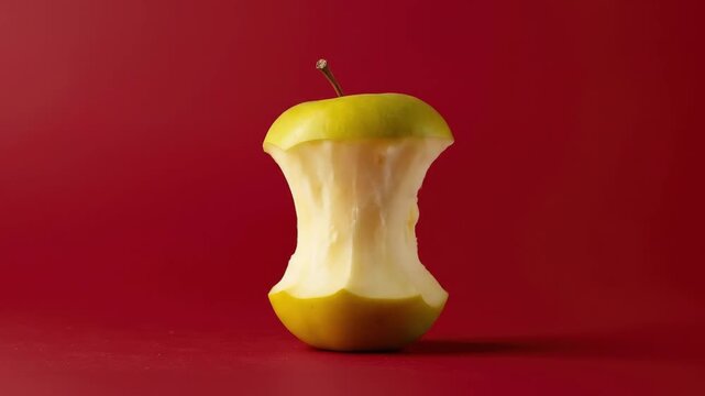 Eaten green apple core with stem against red background in the middle