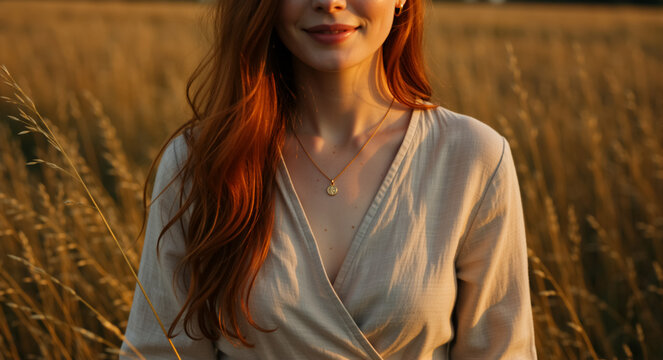 Close-up crop shot of chest of woman with red hair wearing a gold necklace in a golden field. Natural lifestyle portrait during a warm sunset. Bohemian aesthetic concept