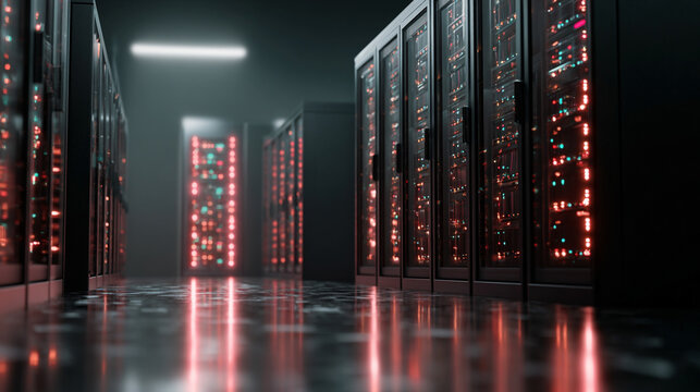 AI algorithm visualized as floating glowing lights above server racks symbolizing data processing digital intelligence cloud computing and futuristic technology in abstract visualization