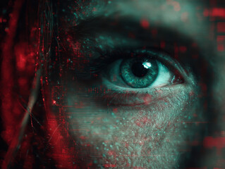 Close-up of a human eye with blue iris and detailed skin texture, surrounded by red and teal glitch effects, creating a cyberpunk or futuristic aesthetic with digital distortion.