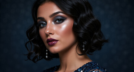 Fototapeta premium A glamorous woman with glitter smokey eye makeup and a retro hairstyle. Close-up beauty portrait of a model with blue eyes and dark berry lipstick for an elegant evening party look