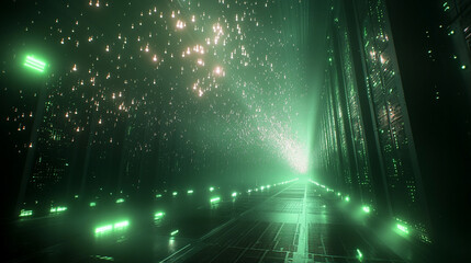AI algorithm visualized as floating glowing lights above server racks symbolizing data processing digital intelligence cloud computing and futuristic technology in abstract visualization