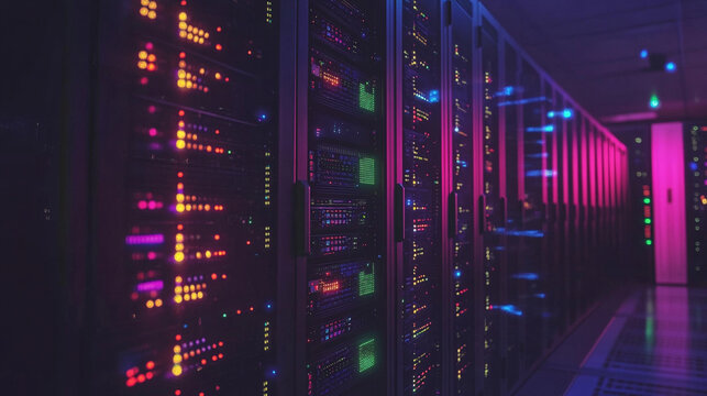 AI algorithm visualized as floating glowing lights above server racks symbolizing data processing digital intelligence cloud computing and futuristic technology in abstract visualization - Powered by Adobe
