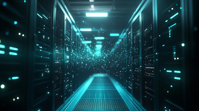 AI algorithm visualized as floating glowing lights above server racks symbolizing data processing digital intelligence cloud computing and futuristic technology in abstract visualization