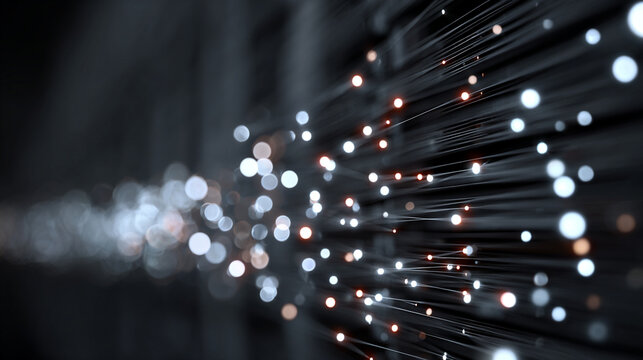 AI algorithm visualized as floating glowing lights above server racks symbolizing data processing digital intelligence cloud computing and futuristic technology in abstract visualization