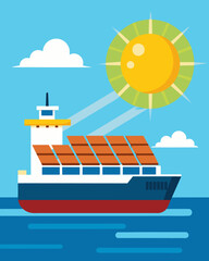 Fototapeta premium A bright sunny day at sea with the solarpowered cargo ship chugging along its panels glistening in the sunlight and powering the ship forward.. Vector illustration