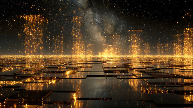 AI algorithm visualized as floating glowing lights above server racks symbolizing data processing digital intelligence cloud computing and futuristic technology in abstract visualization