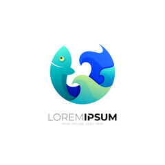 Marine life logo template, fish and wave design combination, blue