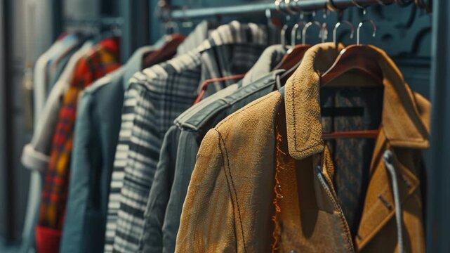 A rack of clothes with a brown jacket hanging from it. The jacket is brown and has a zipper