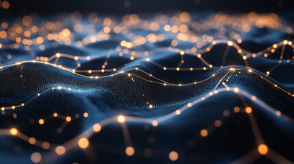 AI neural network visualized floating mid-air with glowing nodes and connecting lines symbolizing artificial intelligence data flow digital connectivity and futuristic technology