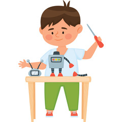 Young boy with brown hair and white t-shirt wearing green pants builds a robot on a wooden table with a screwdriver and tools against a transparent background