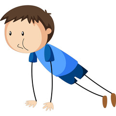 Young boy with brown hair wearing a blue t-shirt and dark blue shorts doing a push-up on a white background with bent knees and determined expression