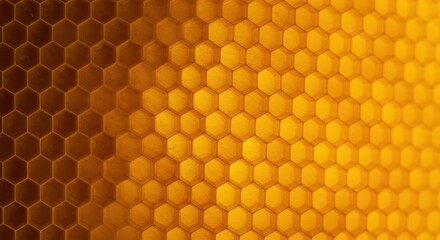 Golden yellow natural honeycomb structure background. Macro view emphasizing the perfect geometric hexagonal texture, showing sweet natural food source, apiary, energy, yellow