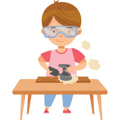 Young Boy Wearing Safety Goggles And Apron Sanding A Wooden Board With A Power Sander On A Table With Dust Particles In The Air