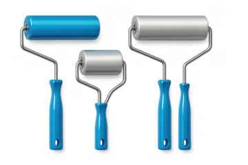 Paint rollers set with blue handles, presenting tools for renovation, home decorating, painting works, interior repair