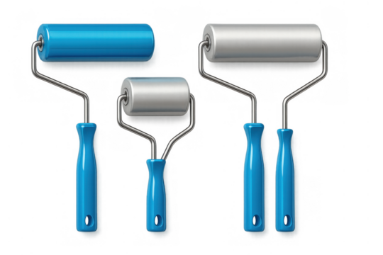 Paint rollers set with blue handles, presenting tools for renovation, home decorating, painting works, interior repair - Powered by Adobe