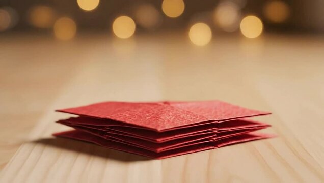 Stack of Red Envelope: A neat stack of vibrant red envelopes rests on a wooden surface, their folded edges forming an orderly arrangement, perfect for sending wishes.