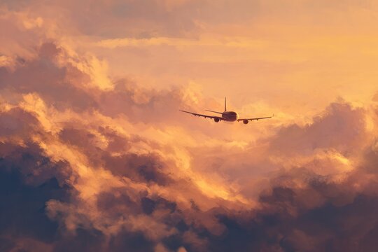 digital painting of plane flying over pastel clouds, golden sunset tones, dreamy wanderlust concept - Powered by Adobe