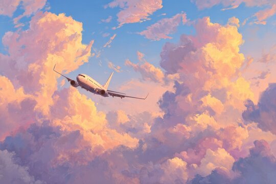 digital painting of plane flying over pastel clouds, golden sunset tones, dreamy wanderlust concept
