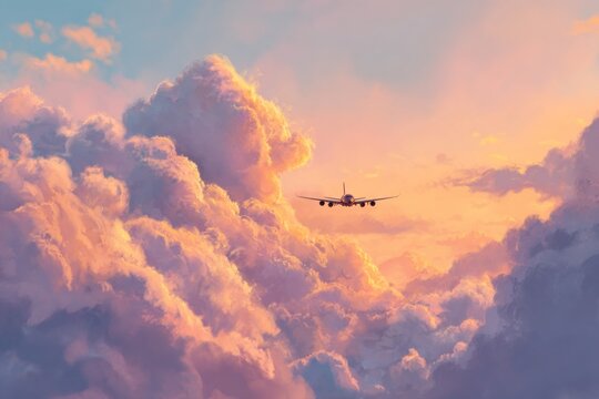 digital painting of plane flying over pastel clouds, golden sunset tones, dreamy wanderlust concept