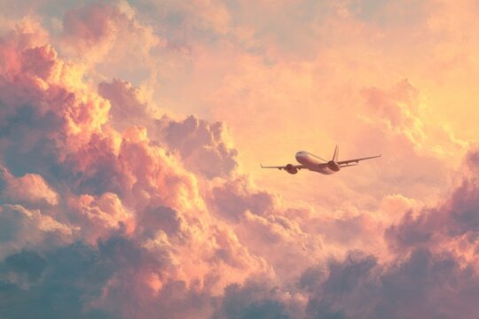 digital painting of plane flying over pastel clouds, golden sunset tones, dreamy wanderlust concept