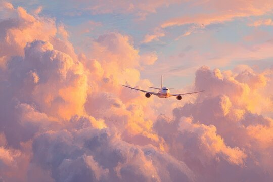 digital painting of plane flying over pastel clouds, golden sunset tones, dreamy wanderlust concept - Powered by Adobe
