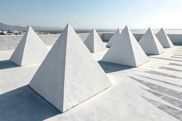 "Minimalist Grid of White Pyramids Casting Shadows Across a Sunlit Landscape with Distant Mountains"