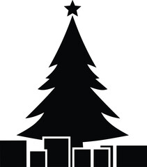 Christmas tree silhouette, star on top, festive gift boxes, black and white design, holiday celebration, minimalist seasonal illustration, decoration