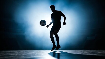 Silhouette of a soccer player performing freestyle tricks with a ball against a dramatic blue background. - Powered by Adobe