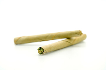 blunt cigar that has nature leaf and filled with cannabis. blunt marijuana tobacco leaf joint, marijuana blunt cigar, cannabis blunt cigarette prerolled Stick real photo white background