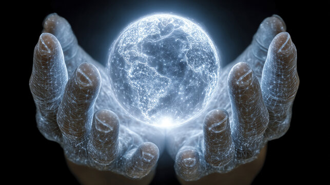 AI-generated hands cradle an ethereal glowing globe of light symbolizing innovation imagination digital connection and the fusion of technology and human creativity