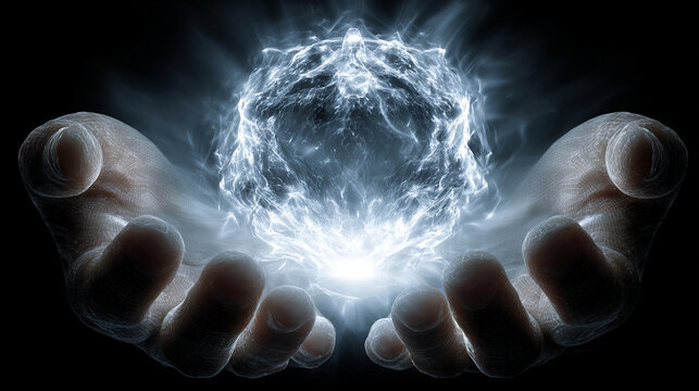 AI-generated hands cradle an ethereal glowing globe of light symbolizing innovation imagination digital connection and the fusion of technology and human creativity