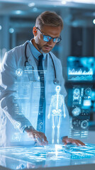 Male physician reviewing patient data on an AI interface displaying analytics using a transparent holographic screen, concept of evolving technology in healthcare