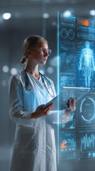 Female medical professional reviewing patient data on transparent holographic screen with an AI interface displaying analytics, concept of evolving technology in healthcare