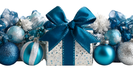 Blue holiday banner with sparkling ornaments, festive bows, and wrapped presents isolated on white background
