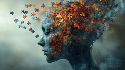 Human Head Composed of Puzzle Pieces Dissolving