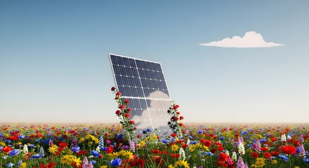 Solar Panel Amidst a Floral Paradise: An environmentally conscious juxtaposition featuring a solar panel standing gracefully amidst a vibrant field of blossoming flowers, under a clear.