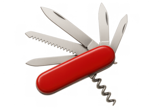 Red multi-tool pocketknife displaying various blades and a corkscrew, symbolizing versatility, readiness, and solutions