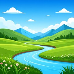 Fototapeta premium Beautiful Cartoon Landscape with Winding River and Green Mountains