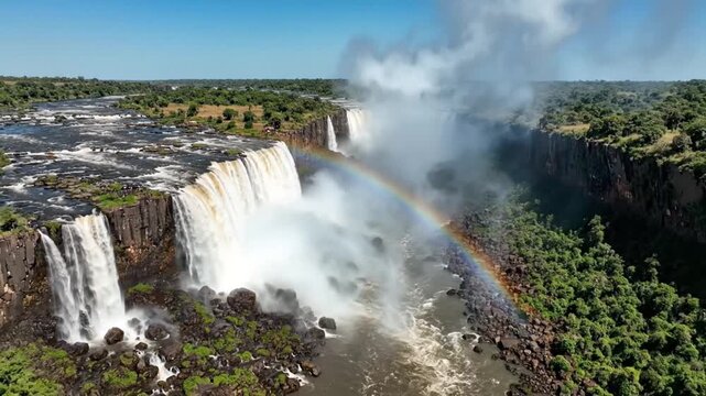 Victoria Falls, a natural wonder, with a vibrant rainbow arcing over the powerful cascade, creating a breathtaking spectacle of mist and light.