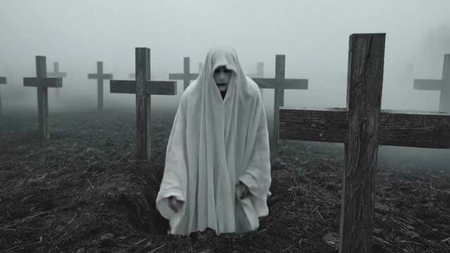 Grave emergence a shrouddraped figure crawls from a hole amidst a graveyards misty ambiance