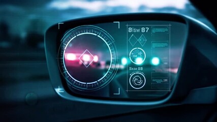 Futuristic Car Side Mirror with HUD Display During Night Police Chase. - Powered by Adobe