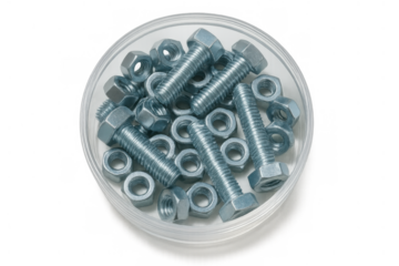 Metal bolts and nuts in a clear container showing hardware, construction, and fastening tools on transparent background